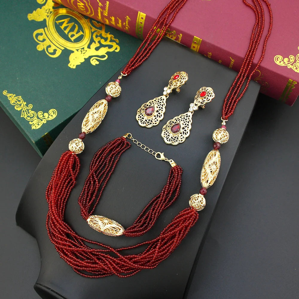 Sunspicems Chic Morocco Hand Bead Necklace Sets Crystal Earrings Rope Bracelet Arabic Women Bride Bead Wedding Jewelry Sets