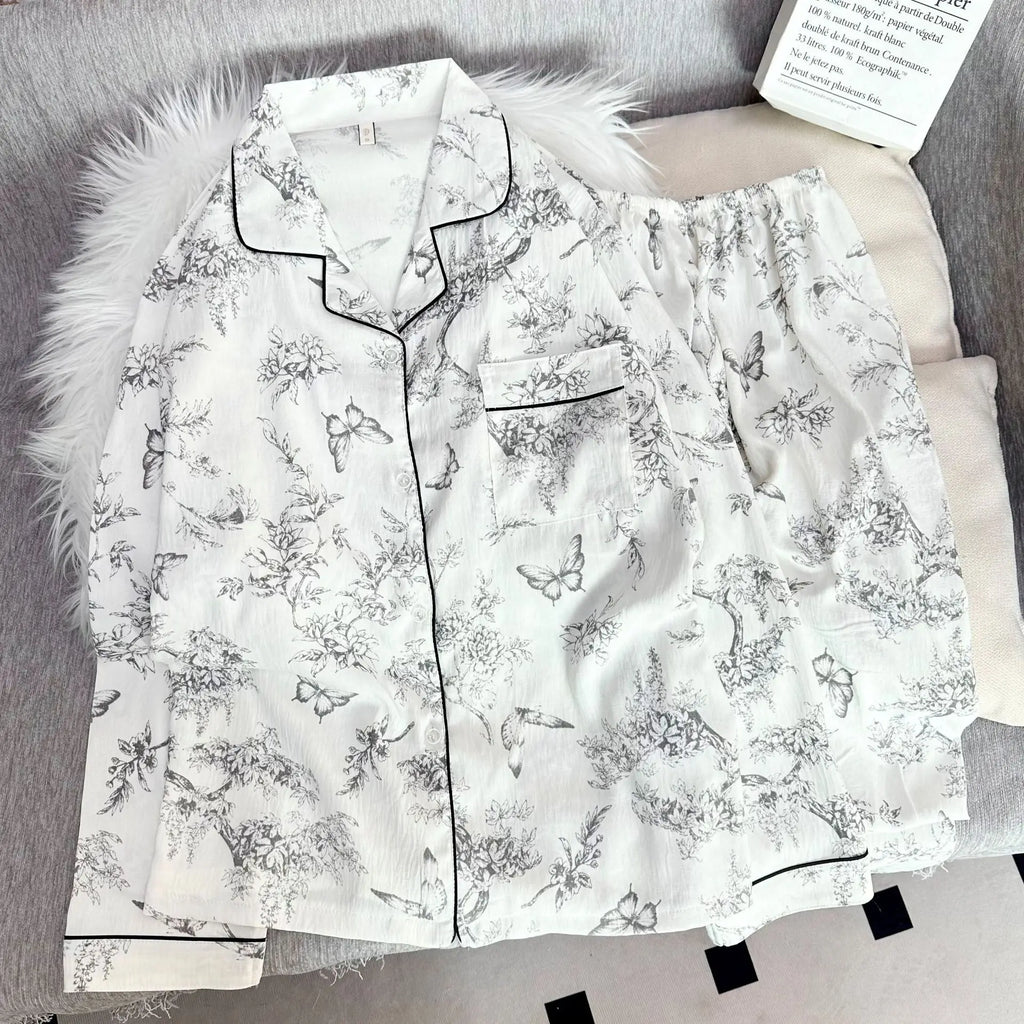 Women's Bubble Crinkle Floral Print Long Sleeve Pajama Set  Fashion Print Flower 2 Pieces Set Cute and Sweet Home Fury Ladies