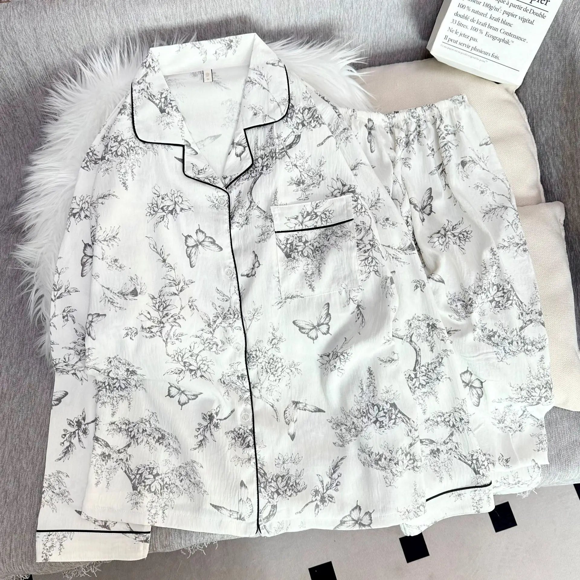 Women's Bubble Crinkle Floral Print Long Sleeve Pajama Set  Fashion Print Flower 2 Pieces Set Cute and Sweet Home Fury Ladies