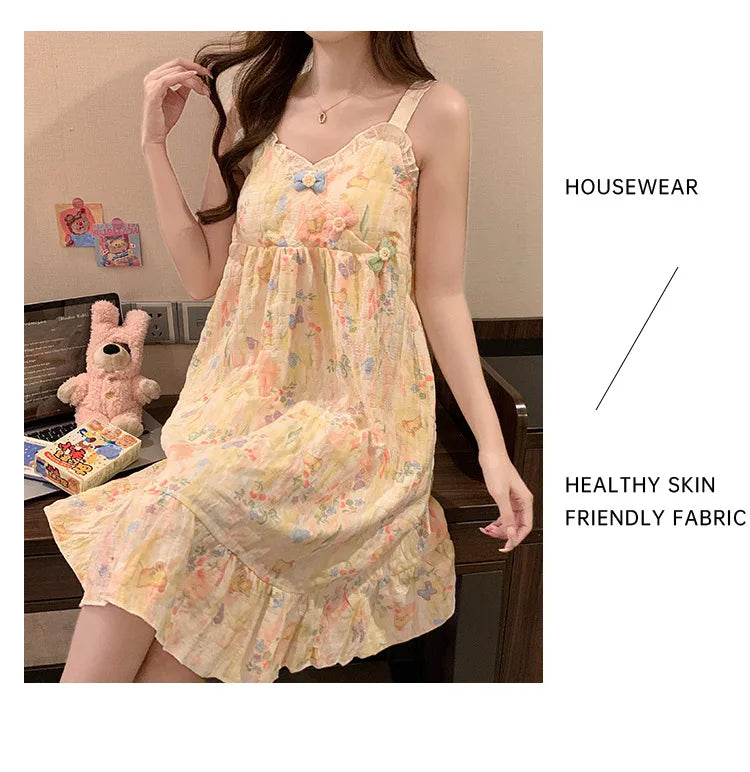 Sweet Lace Ruffle Sleepwear Woman Korean Fly Sleeves Summer Nightgown with Cheat Pad  V-neck Pajamas Dress Sleeping Home Clothes