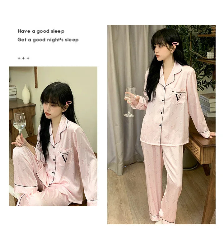 Elegant Silk Satin Women Pajamas Set Lounge Wear Sexy Lingerie Long Sleeve Trouser Pijamas Suit Loose Casual Sleepwear Homewear