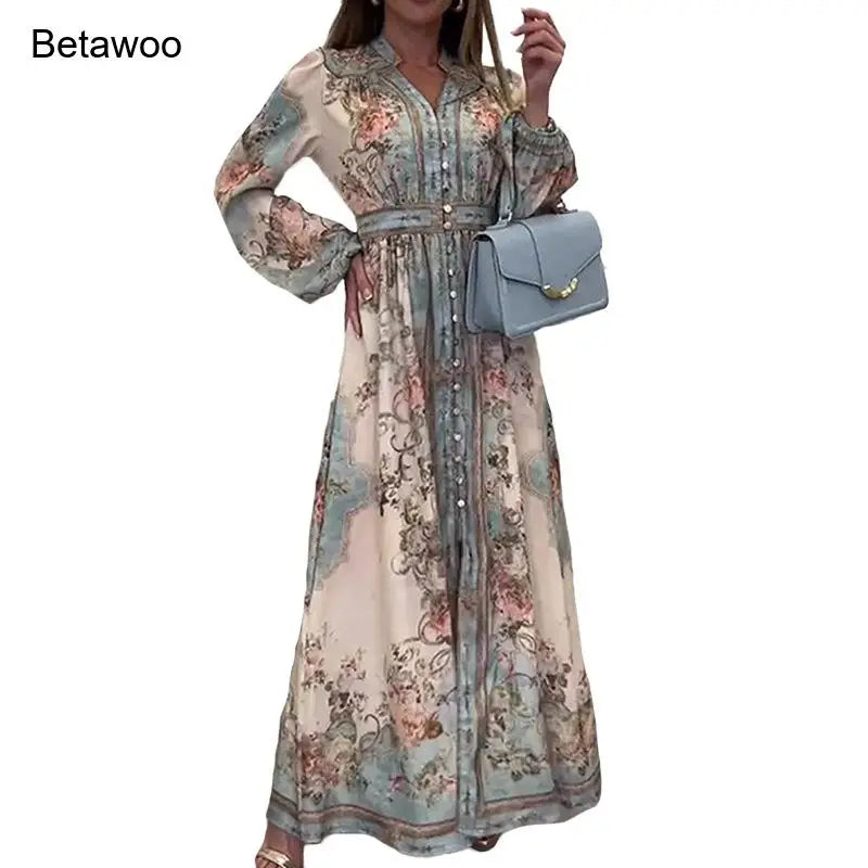 Womens Boho Floral Print Long Sleeve V Neck Button Front Belted Maxi Dress Casual Summer Beach Vacation Long Dress