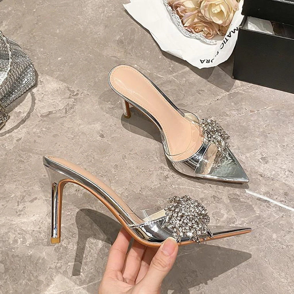 Sexy lady 2026 Diamond-Encrusted Pointed-Toe Mules Women's Sandals Transparent High Heels Sexy Thin Heel Versatile Slipperss