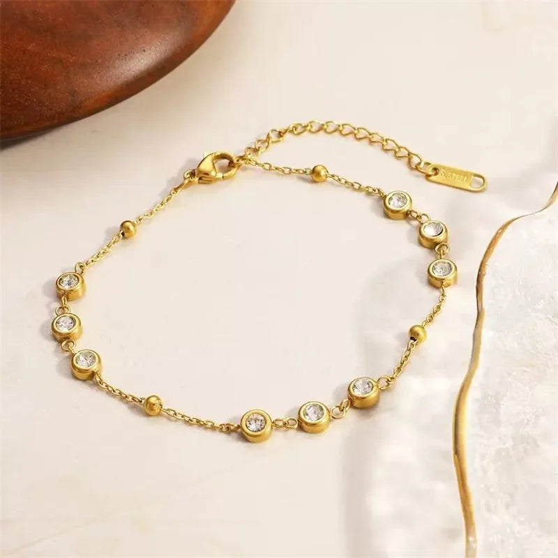 GANEMLY 316L Stainless Steel Round Sparkling Zirconia Bracelet For Women Fashion Fine Wrist Chain Waterproof Jewelry Lady Gift