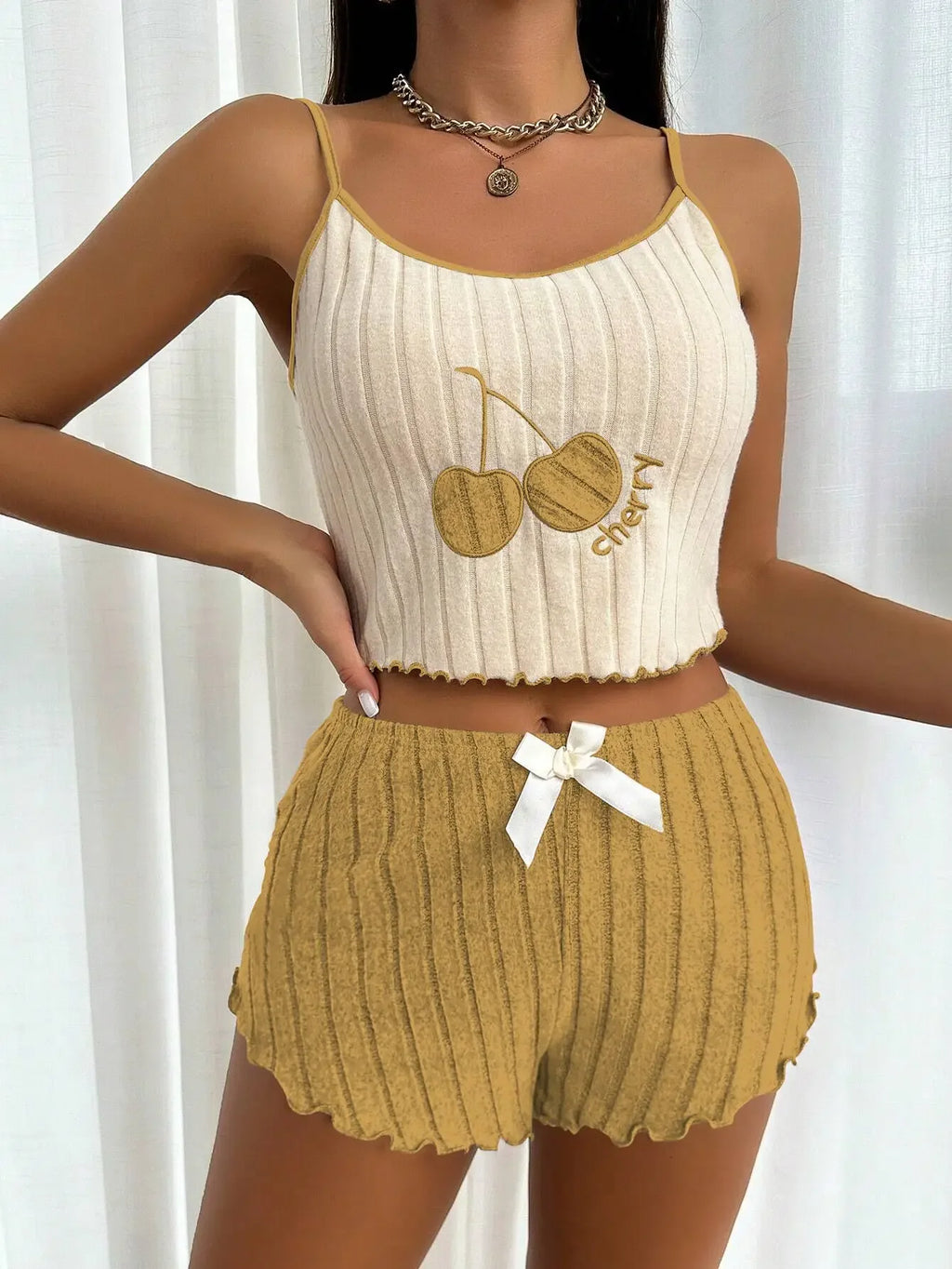 Womens Summer Brushed Pajama Set Cute Y2K Embroidered Cherry Ribbed Cami Top Ruffle Shorts Two Piece Loungewear Sleepwear