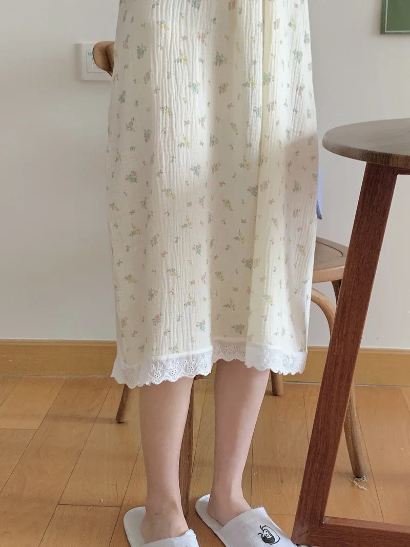 Sweet Girl Floral Print Long Nightdress Sleepwear Spring New Female Cotton Nightgown Lounge Wear Casual Bathrobe Home Wear