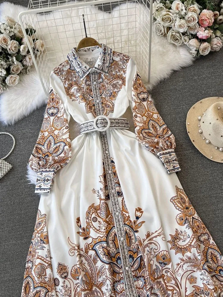 Elegant Vintage Court Style Long Sleeve Collared Slim Fit Print Shirt Dress Knitted Fabric Midi Skirt Length Button Detail