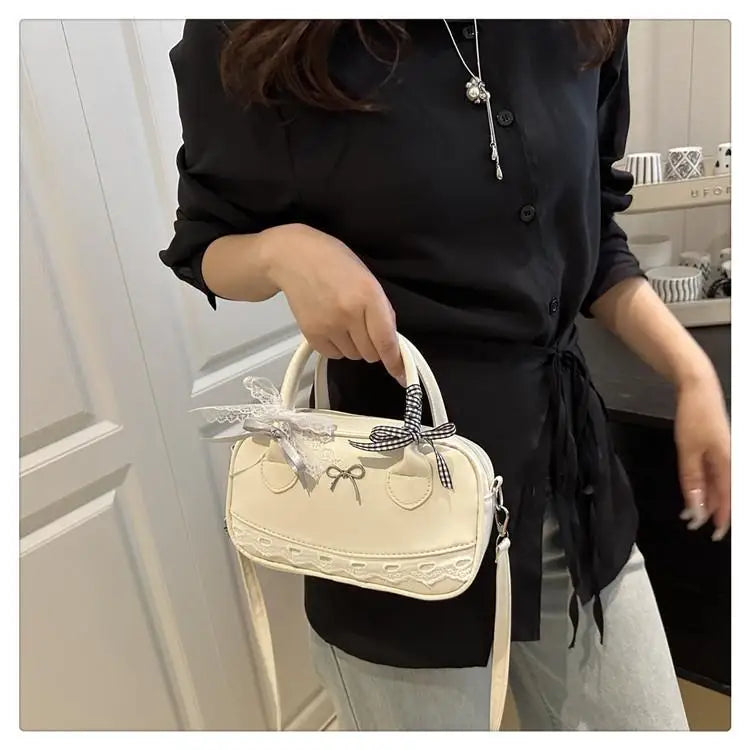 Simple Elegant Handbag Boston Shoulder bag Lace Ribbon Bow Decor Crossbody Bag Small Square Bag Casual Women Bags ﻿