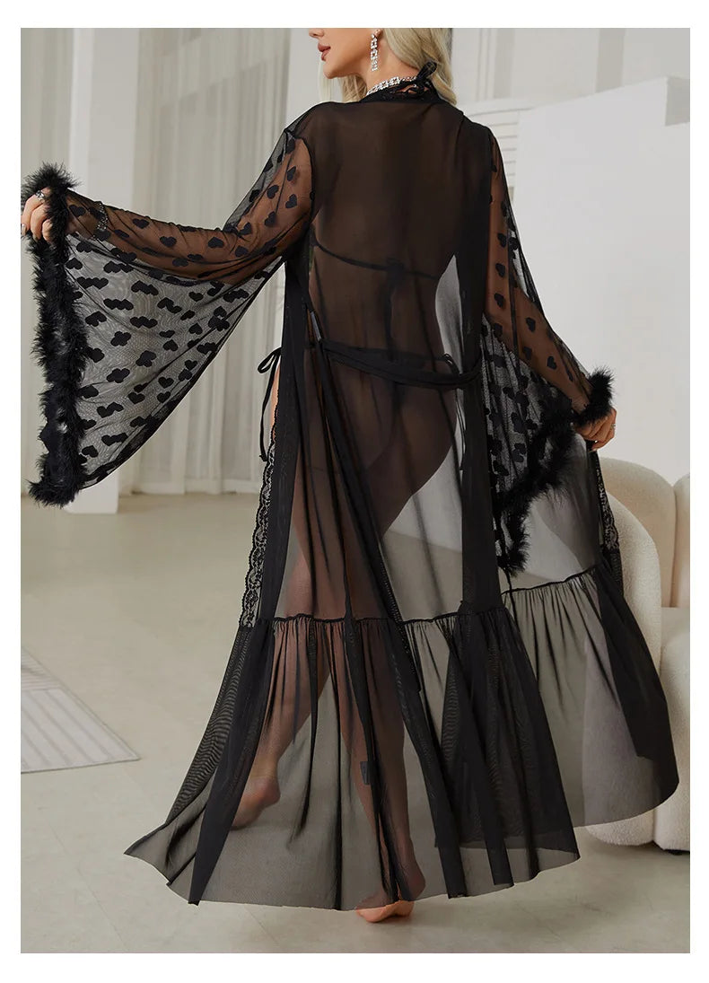Sexy Bride Wedding Dress Soft Mesh Lace Flower Robe Long Kimono Nightwear Loose Bathrobe Feather Trim Big Sleeve Nightgown
