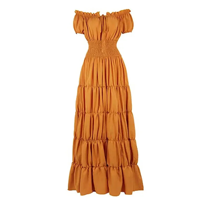 Elegant Medieval Renaissance Dress Boho Short Sleeves Off Shoulder Smocked Waist Retro Pleated Long Dress Costume Gown