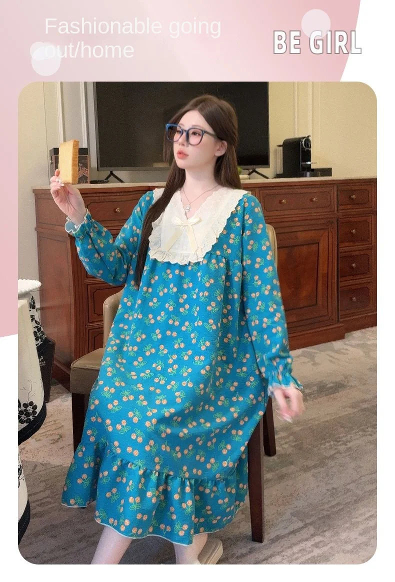 2026 Comfy Long Sleeve Home Dress, Women's Floral Print Loungewear for Spring Autumn, Oversize Sweet Korean Style