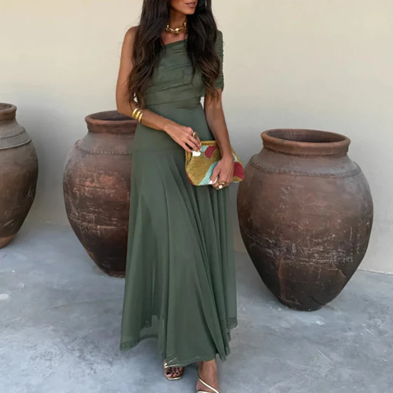 Sexy Sleeveless Commuter Dress Fashion Hight Waist Strapless Slim Long Dress Women Elegant Mesh Splicing Solid Color Party Dress