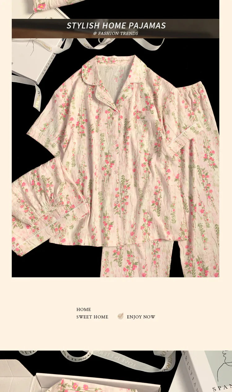 Spring/Summer Sweet & Cute Floral Cotton Pyjamas for Girls Three-Piece Homewear Set Student Casual Sleepwear Homewear Ensemble