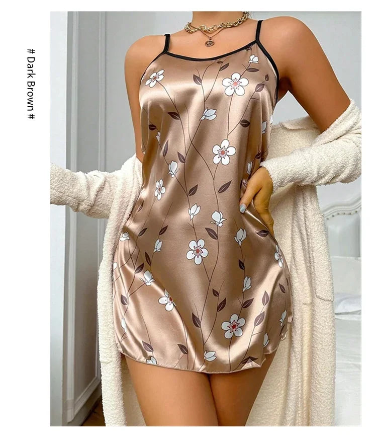 Ladies Sexy Sling Nightgown Nightdress Women's Sexy Lingerie Silk Satin Sleepwear Floral Pinting Nightwear Homewear Mini Dress