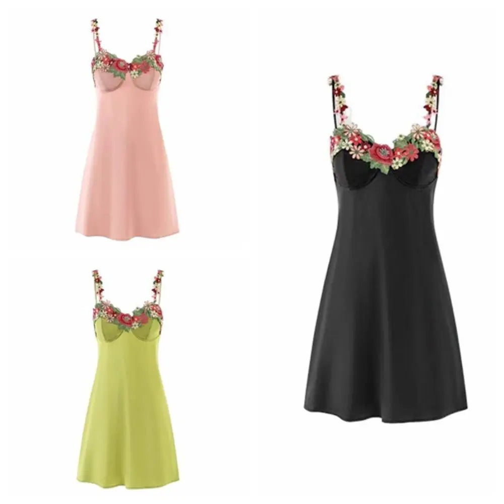 Flower Embroidery Women's Pajama Dress Sleeveless Thin Satin Silk Suspender Nightdress Sleepwear Beauty Back