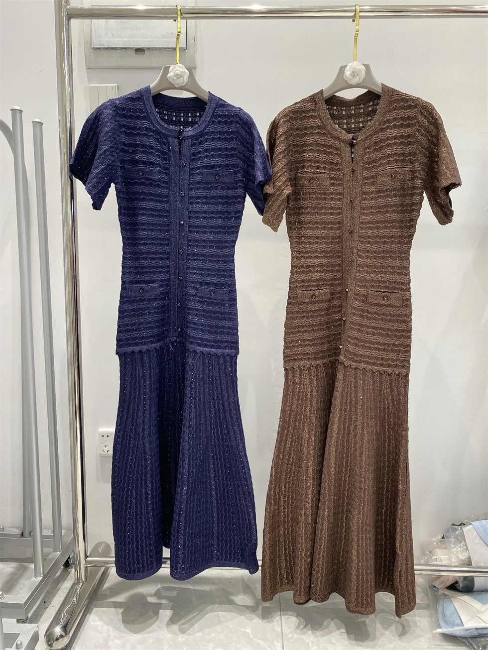 New summer single-breasted round neck knit crochet short-sleeved dress, high-quality and fashionable over-the-knee long skirt