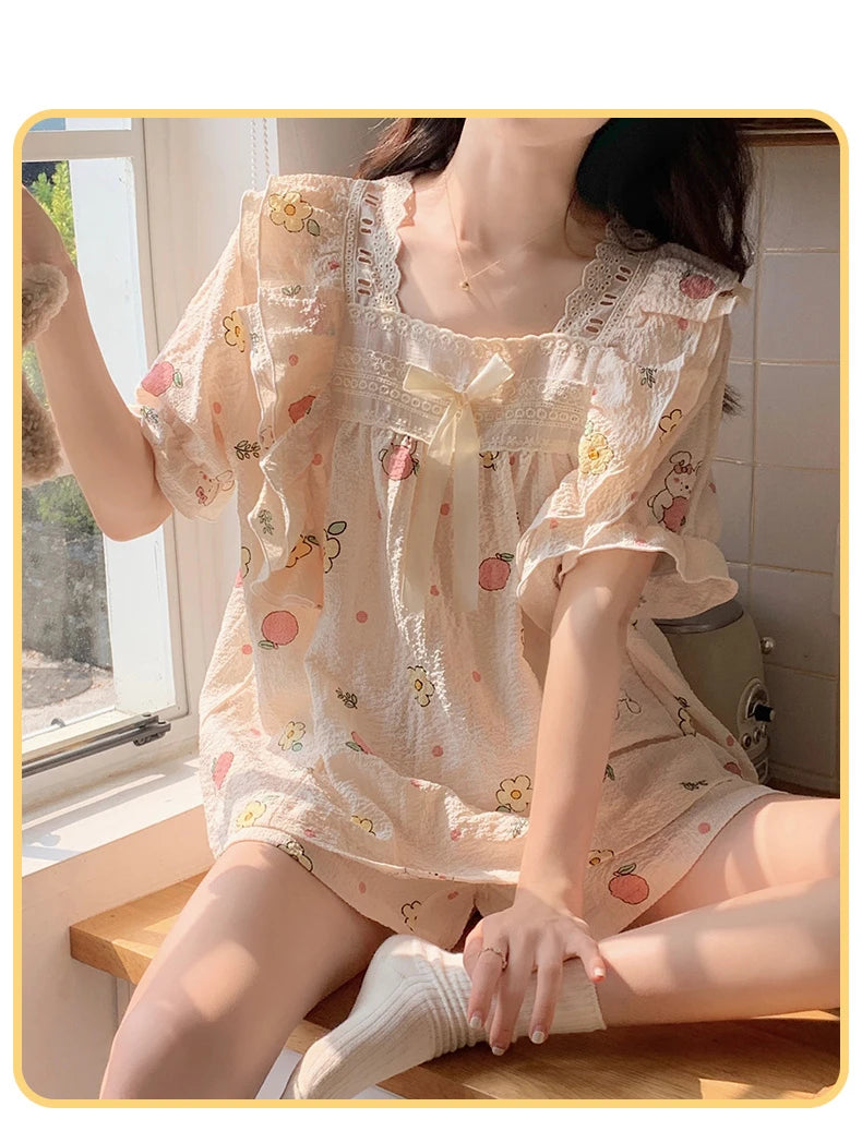 Women's Summer Floral Animal Print Short Sleeve Pajama Set  Cute Cartoon 2-Piece Pajamas Square Collar Kawaii Nightwear
