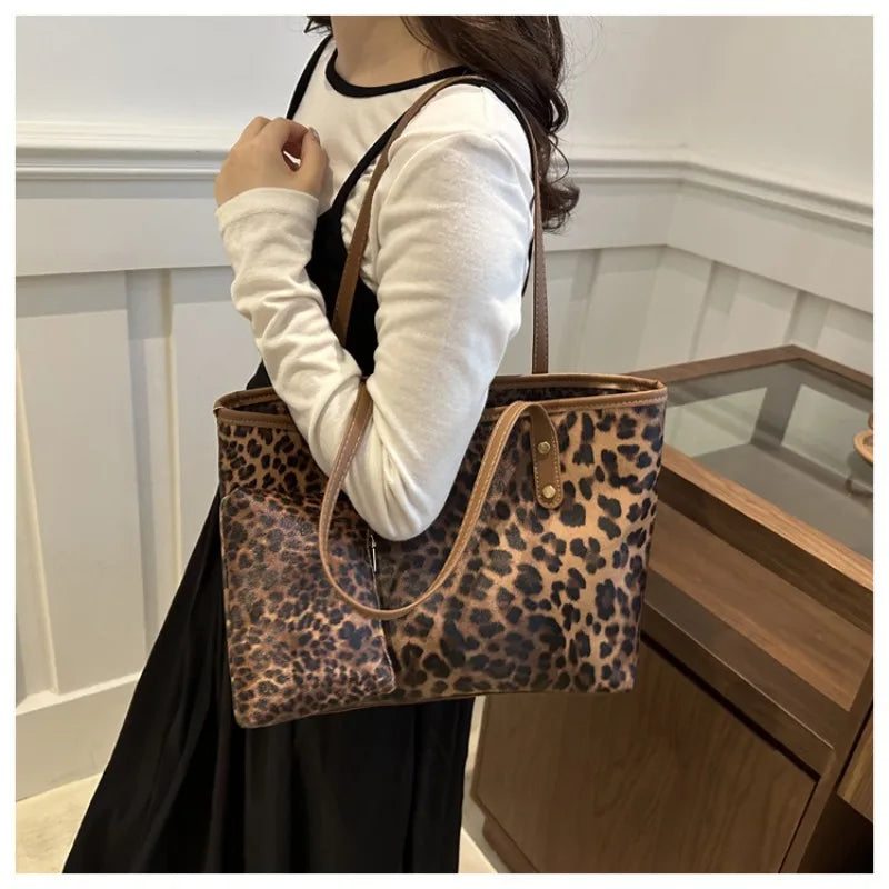 Women's Leopard Print Tote bag Pu Leather Underarm Bags Simple Casual Travel Shopping Bag Large Capacity Mother and Child Packag