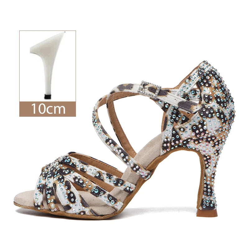 HROYL Ballroom Latin Dance Shoes Ladies Girls New Silk Satin Shiny Rhinestone Cuban High Heels Party Salsa Dance Shoes Women