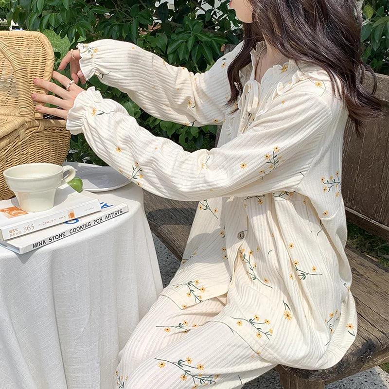 Cotton Women's Pajamas Set Floral Printed Long Sleeve Sleepwear Home Clothes Casual Ladies Nightwear Sleeping Pyjamas Suit