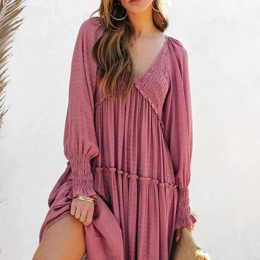 Long Dress Women Vintage V Neck Long Sleeve Dresses Loose Y2k High Waist Shirring Casual Summer Loose 2025 Elegant Slight Strech