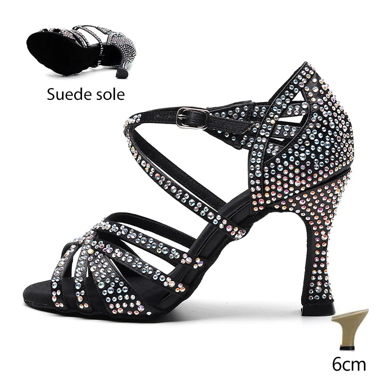 HROYL Ballroom Latin Dance Shoes Ladies Girls New Silk Satin Shiny Rhinestone Cuban High Heels Party Salsa Dance Shoes Women