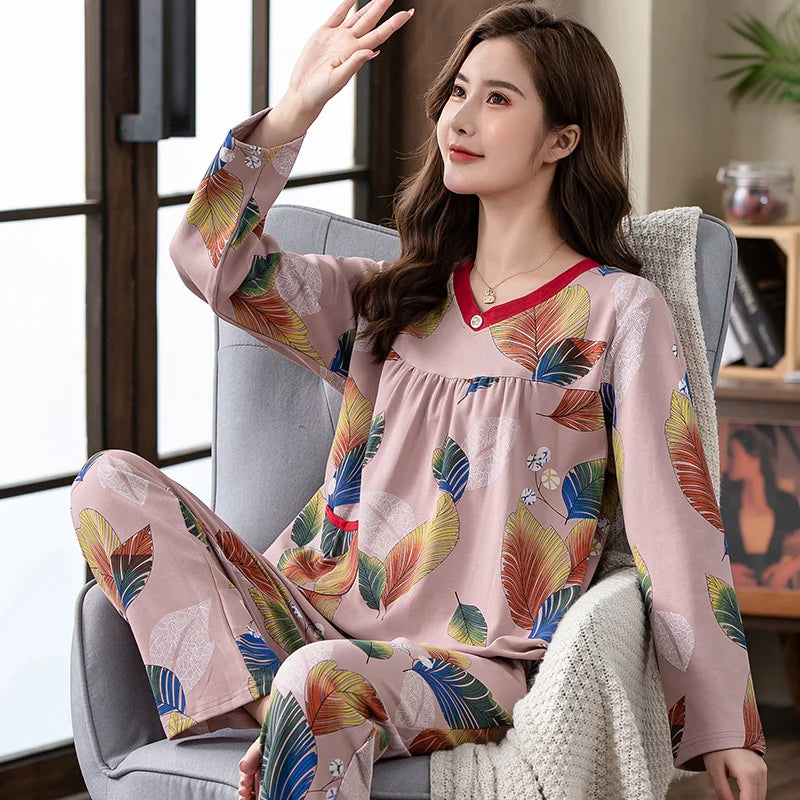 Pajamas Sets Women Floral Cotton Fashion Lace Women Long Sleeve Sleepwear Suit 2 piece Sexy Autumn Home Lounge Gift XXXXL