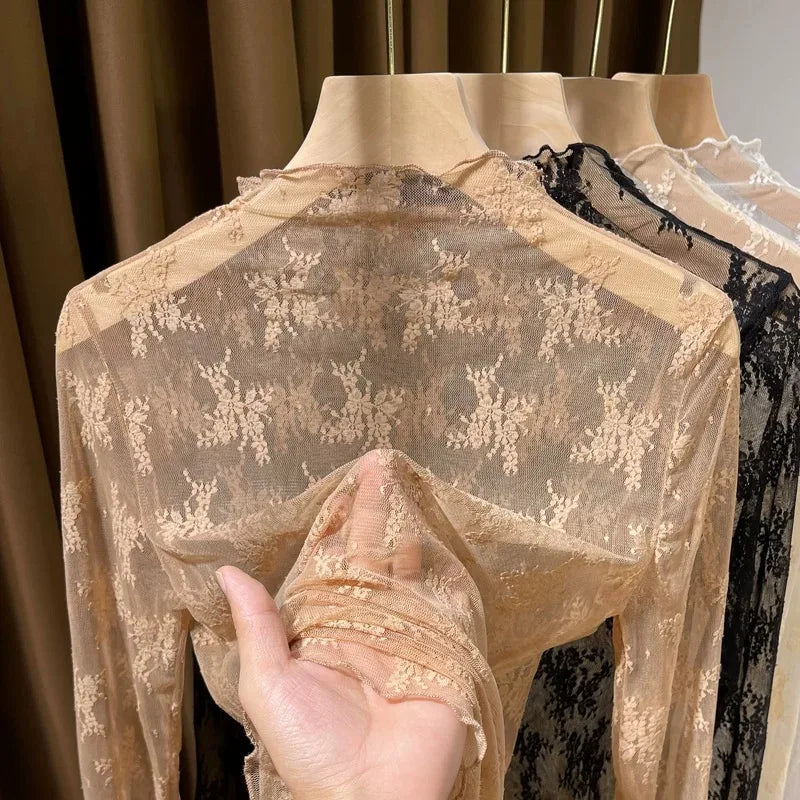 Sexy Floral Lace and Mesh Ruffle Nightgown Woman Sleep Tops Nightie Turtleneck Mesh Layering Top Y2k Floral Tee Shirts Blouse