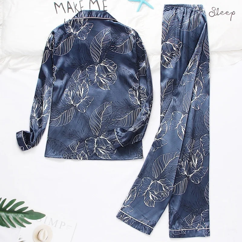 Spring Autumn pajama women Silk Satin pajamas set Long sleeve Shirt with Trouser Sleepwear Loungewear Female Pyjamas Suits Mujer