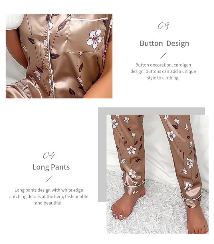 Ladies Floral Print Pajamas Set Autumn Short Sleeve Buttons Top & Elastic Waistband Pants Women's Sleepwear Loungewear Pj Sets