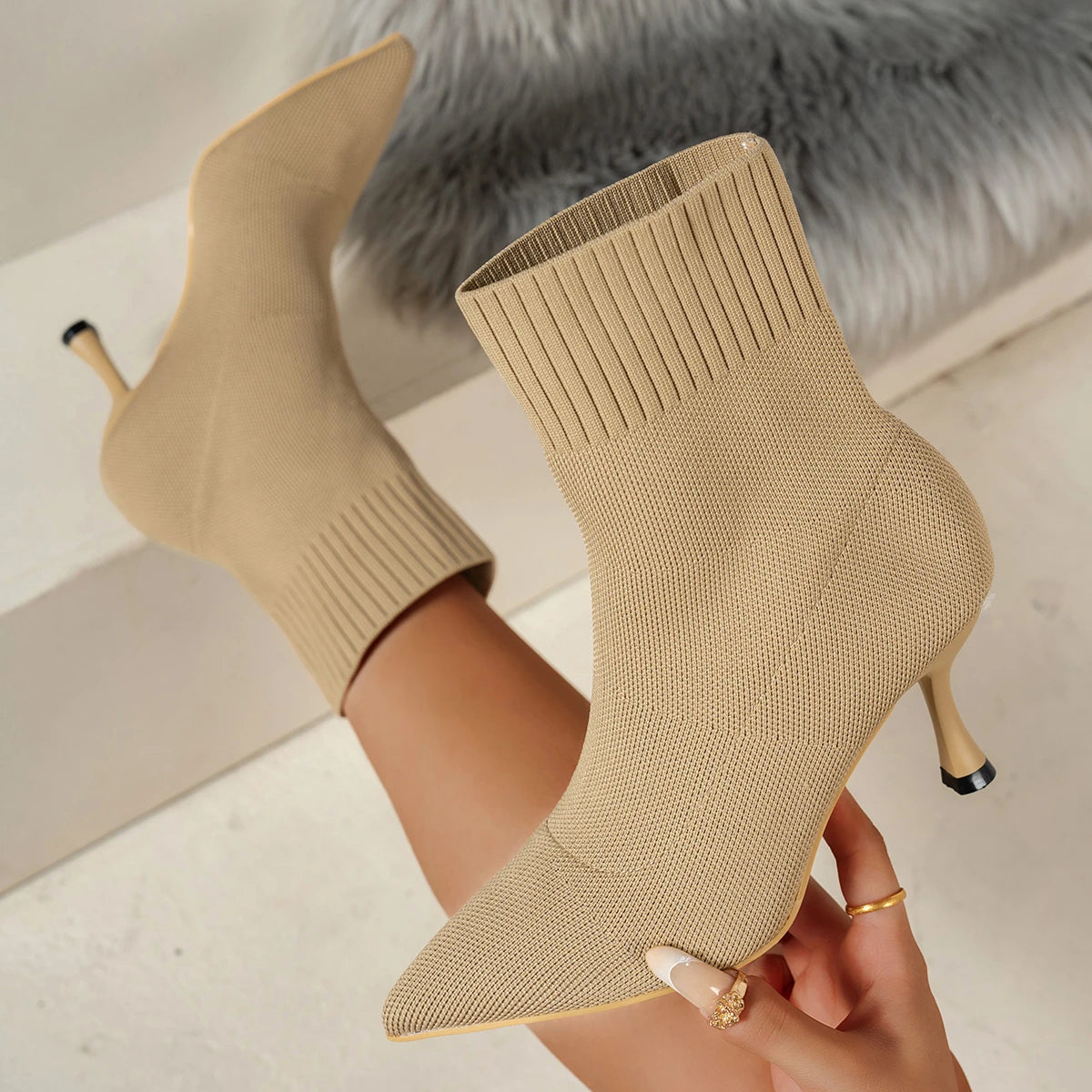 Spring Autumn Women Ankle Boots Slip-On Green Chelsea Boots Women Luxury Stretch Fabric Women Socks Shoes Pointed Toe High Heels