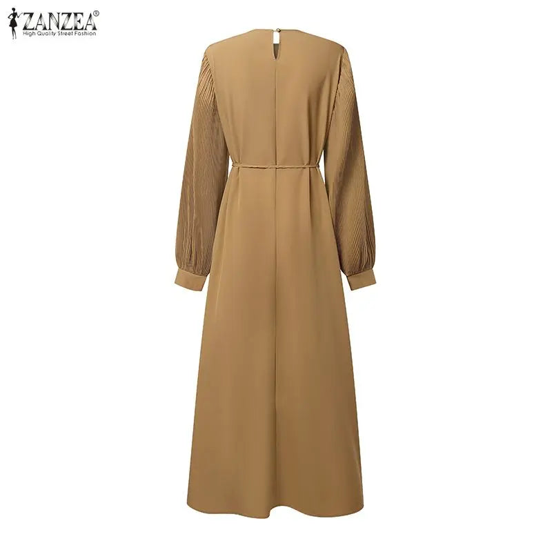 ZANZEA Modest Hijabs Abaya Long Dresses Women Muslim Ramadan O-Neck Pleated Lantern Sleeve Solid Color Ruffles A-Line Robes 3XL