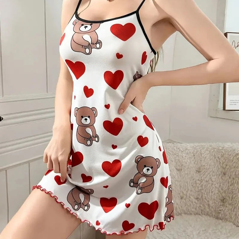 Milk Silk Pajama Dress Women Summer Floral Print Camisole Nightgown Spaghetti Strap Sleepwear Soft Breathable Ladies Home Dress