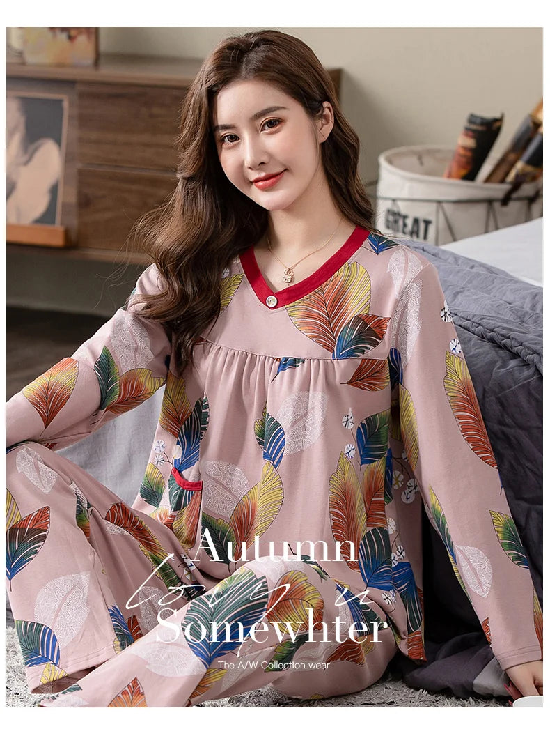 Pajamas Sets Women Floral Cotton Fashion Lace Women Long Sleeve Sleepwear Suit 2 piece Sexy Autumn Home Lounge Gift XXXXL