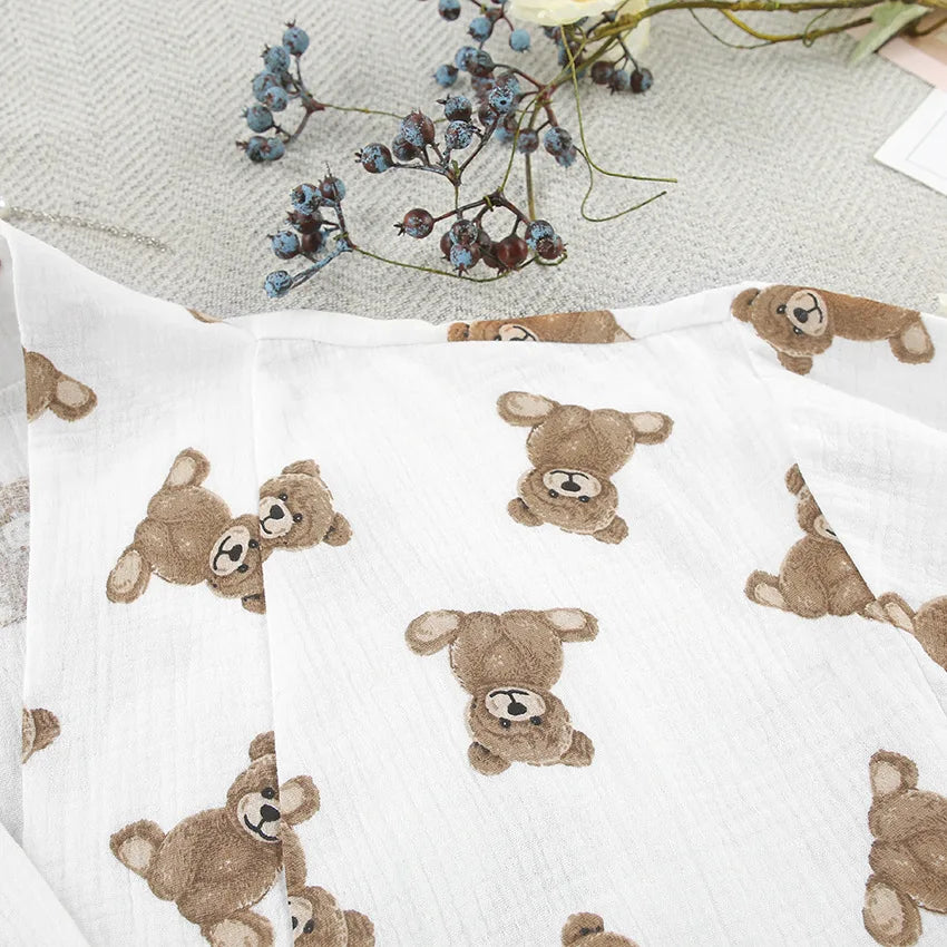 2024 Spring New European and American Pure Cotton Cute Print Warm Long sleeved Shorts and Pajamas Two piece Home Set