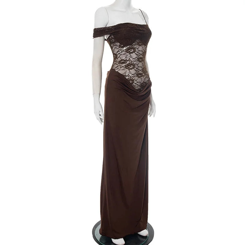 Mozision One Shoulder Lace See Through Sexy Maxi Dress Women Gown Fashion Off-shoulder Sleeveless Backless Club Long Dresses