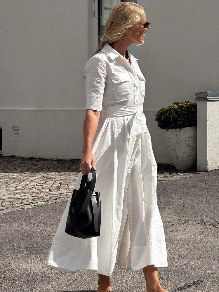 HH Women Summer Lapel Short Sleeve Pocket Single-Breasted Belt Decorate Midi Dress Female Fashion Shirt Style Pleated Dress