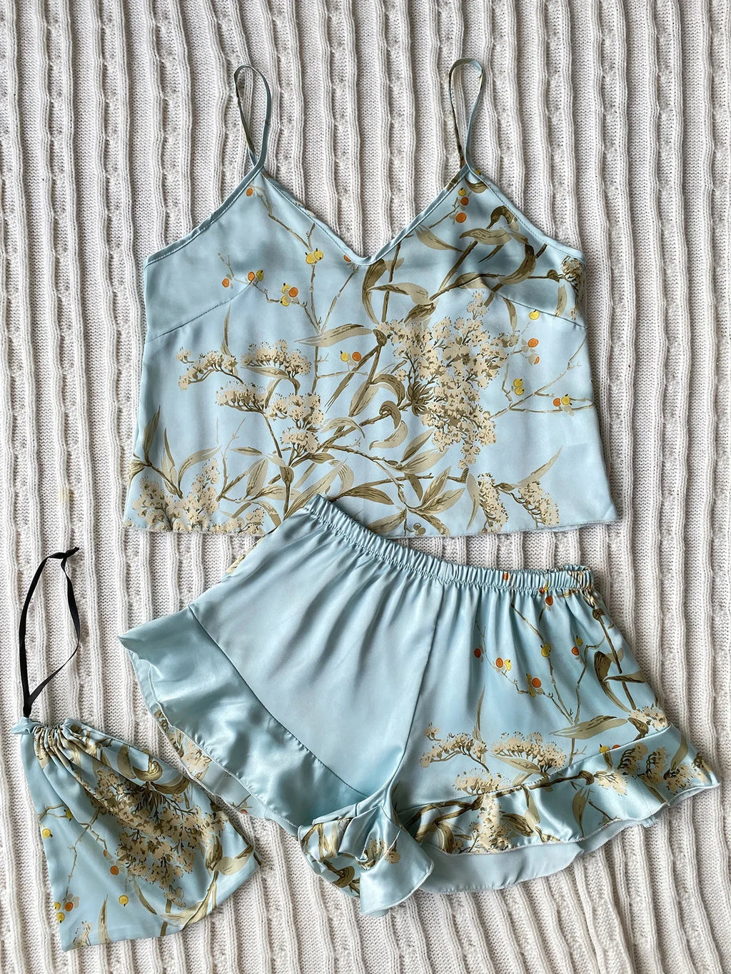 Summer Fashion Pajamas Women Sleepwear 3 Pcs Silk Floral Print Suspenders Tops and Shorts with Hanging Bag Home Wear