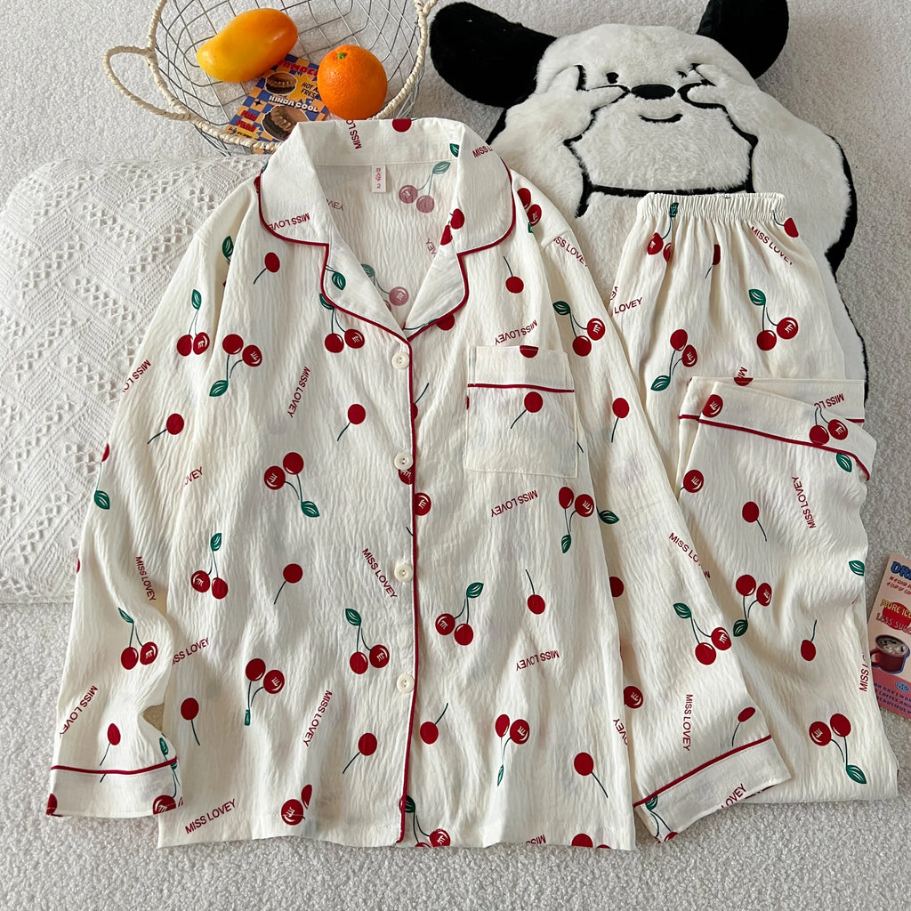 Cherry Print Women's Pajamas Set Fall Spring Plaid Print Loungewear Long Sleeve Cardigan Top and Pants Home Sleepwear