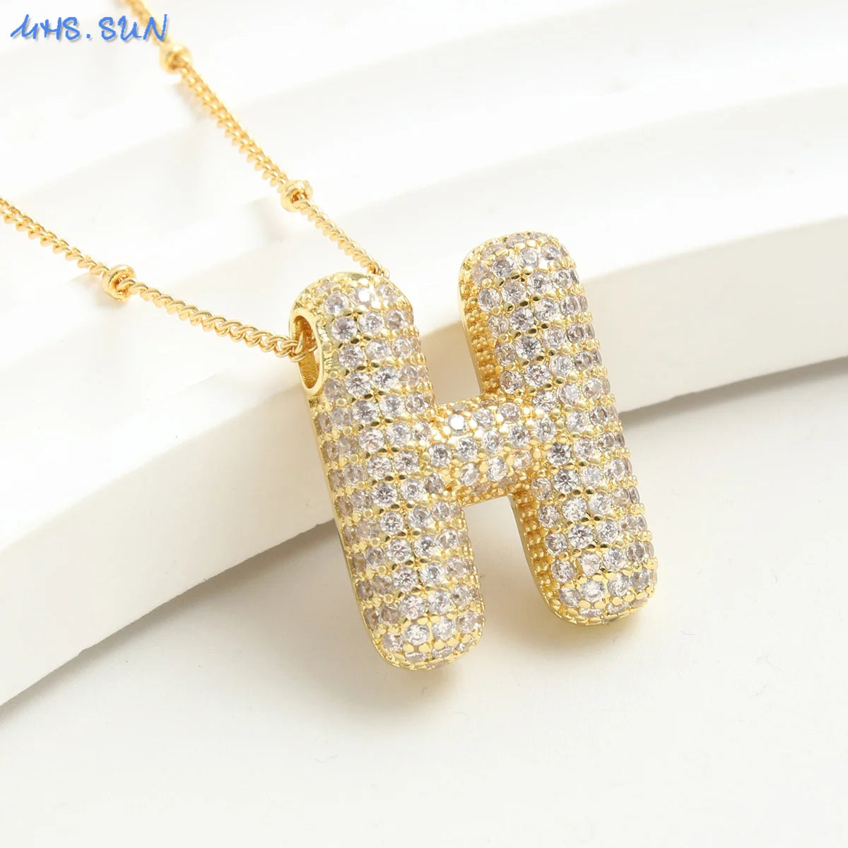 MHS.SUN Gold Plated Balloon 26 Letter Necklaces Copper Zircon Bubble Initial Pendant Chunky Women Personality Chain Jewelry