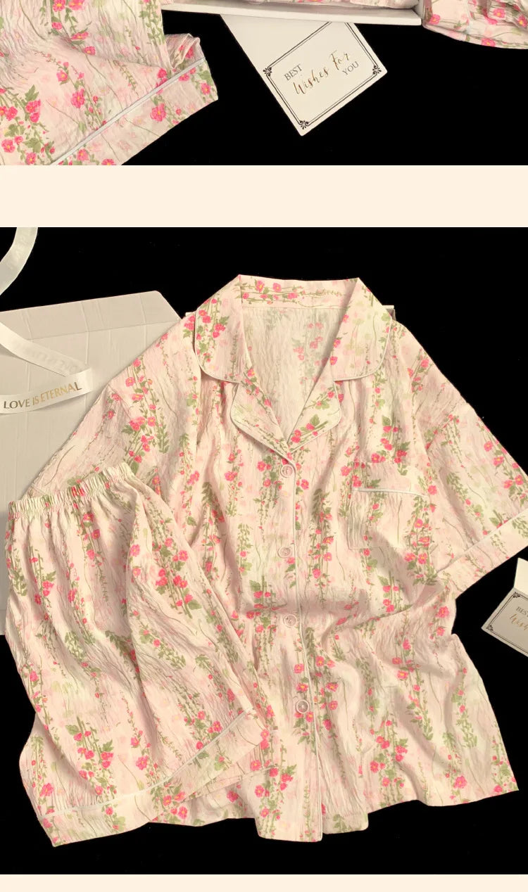 Spring/Summer Sweet & Cute Floral Cotton Pyjamas for Girls Three-Piece Homewear Set Student Casual Sleepwear Homewear Ensemble
