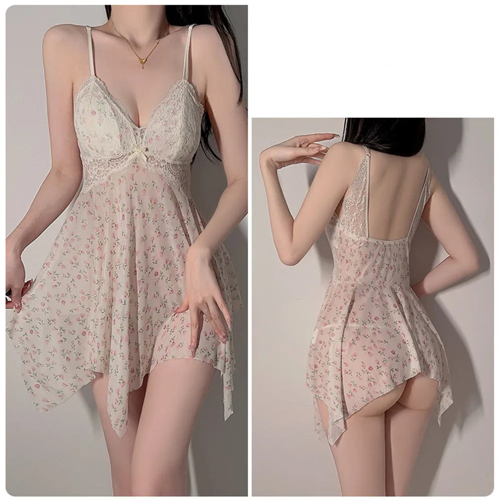 Sexy Female Mesh Robe Nightgown Set Kimono Bathrobe Gown Print Floral Lace Suspender Night Dress Sleepwear Loose Satin Homewear