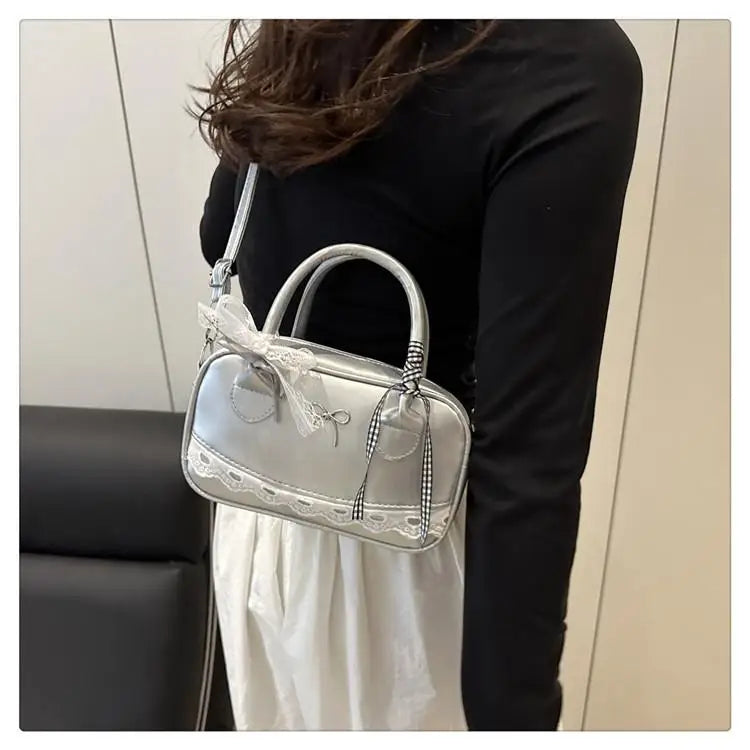 Simple Elegant Handbag Boston Shoulder bag Lace Ribbon Bow Decor Crossbody Bag Small Square Bag Casual Women Bags ﻿