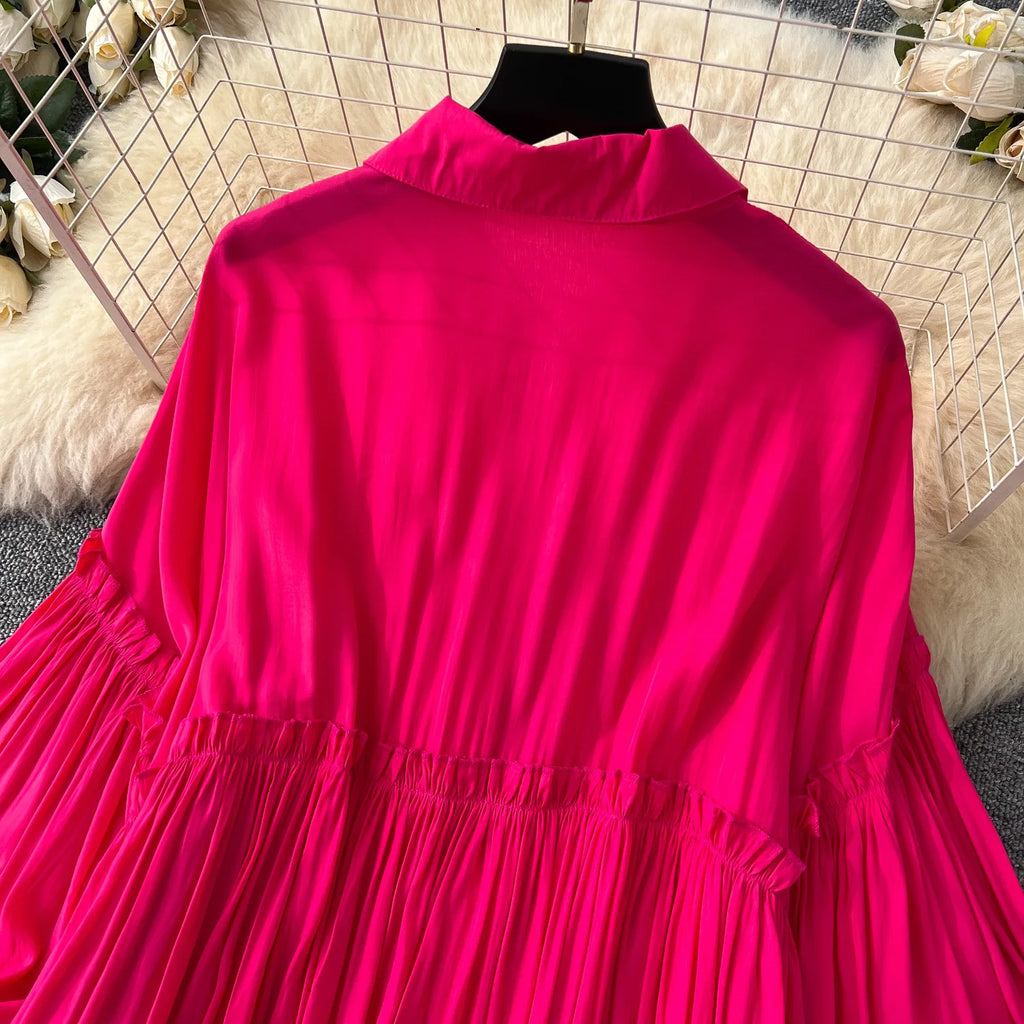 Pleated Dress Women Long Dresses A Line Vestidos Streetwear Lantern Sleeve Elegant Splice Y2k Single Breasted Loose Summer 2025