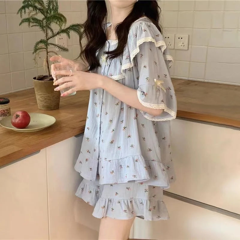 Summer Ladies Pajamas Loungewear Set Princess Style Sweet Lace Small Floral Short Sleeve Shorts Loose Plus Size Loungewear