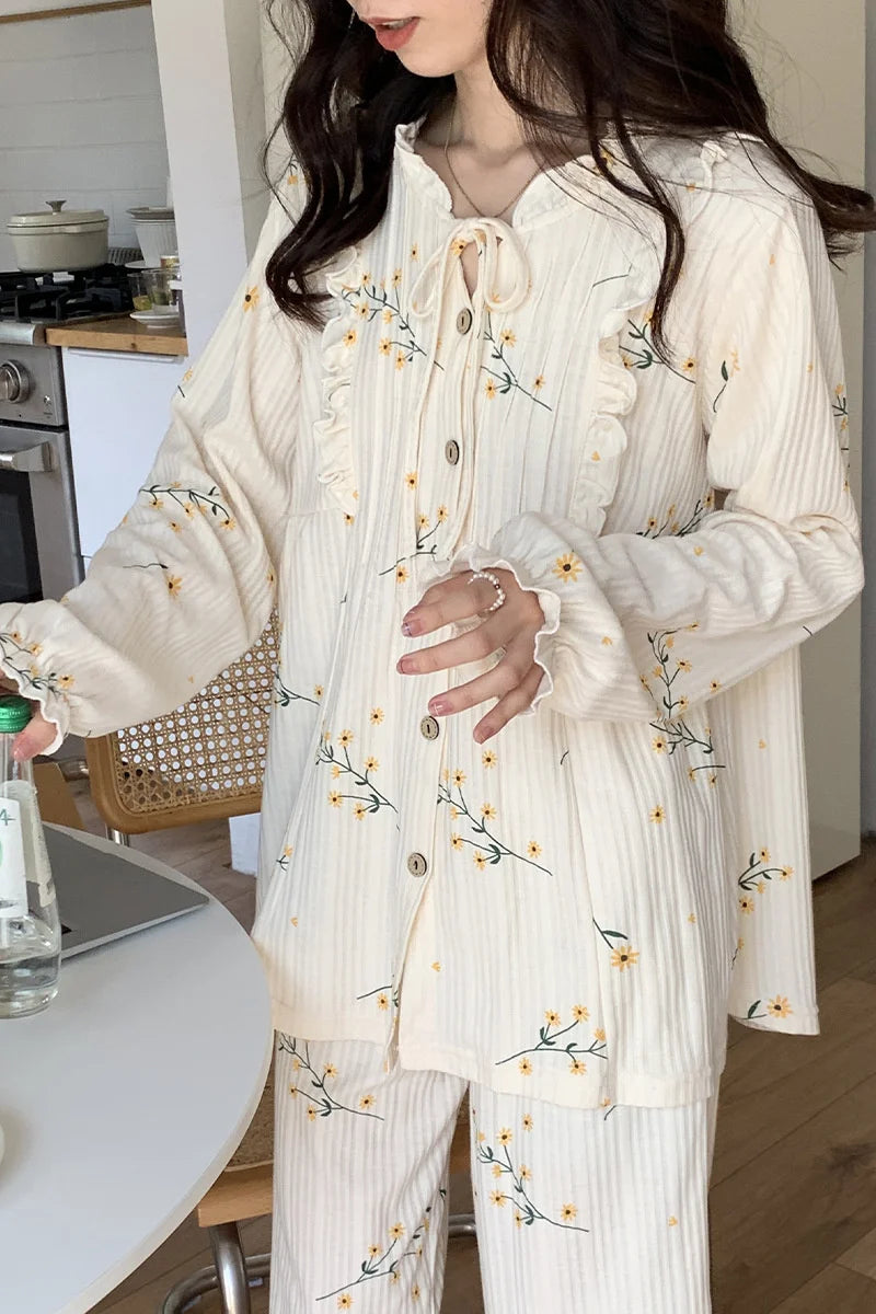 Cotton Women's Pajamas Set Floral Printed Long Sleeve Sleepwear Home Clothes Casual Ladies Nightwear Sleeping Pyjamas Suit