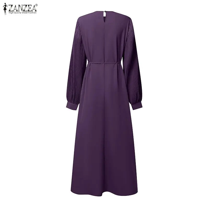 ZANZEA Modest Hijabs Abaya Long Dresses Women Muslim Ramadan O-Neck Pleated Lantern Sleeve Solid Color Ruffles A-Line Robes 3XL