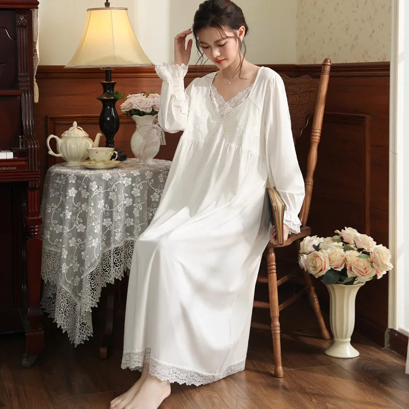 Vintage Victorian Nightgown Women Lace Embroidered Palace Style Princess Sleep Dress Cotton Soft Romantic French Loungewear