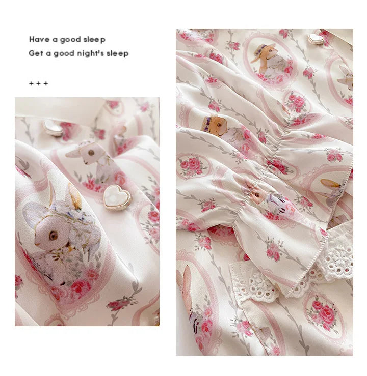 Long Sleeve 2PCS Pjs Trouser Suits Sweet Cute Print Cartoon Sleepwear Pyjama Pour Femme Spring Autumn New Satin Home Clothes