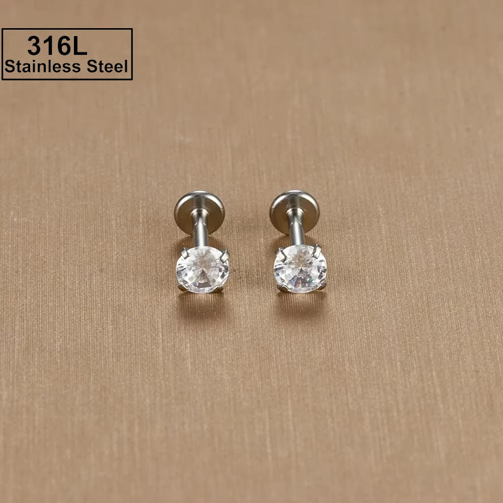 2PC Labret Tragus Stud Earrings 16G Surgical Stainless Steel CZ Crystal Monroe Helix Cartialge Conch Medusa Lip Body Piercing